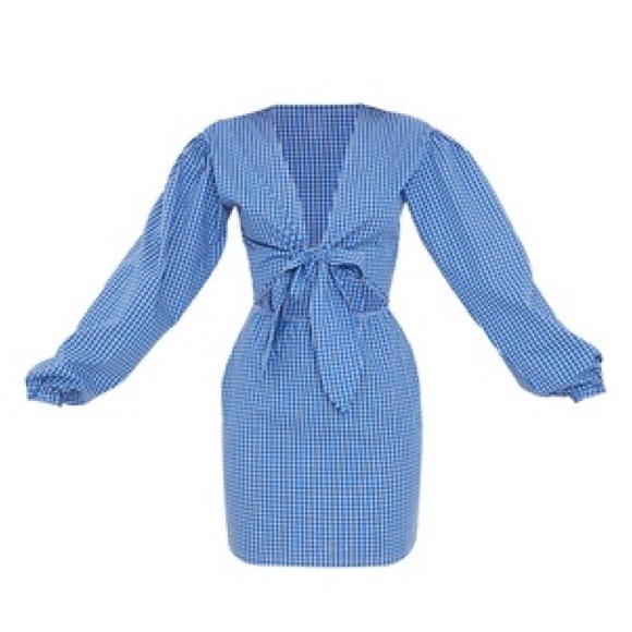 💙 Blue Gingham Bow Tie Front Cut Out Bodycon Dress ✨ - Picture 1 of 4